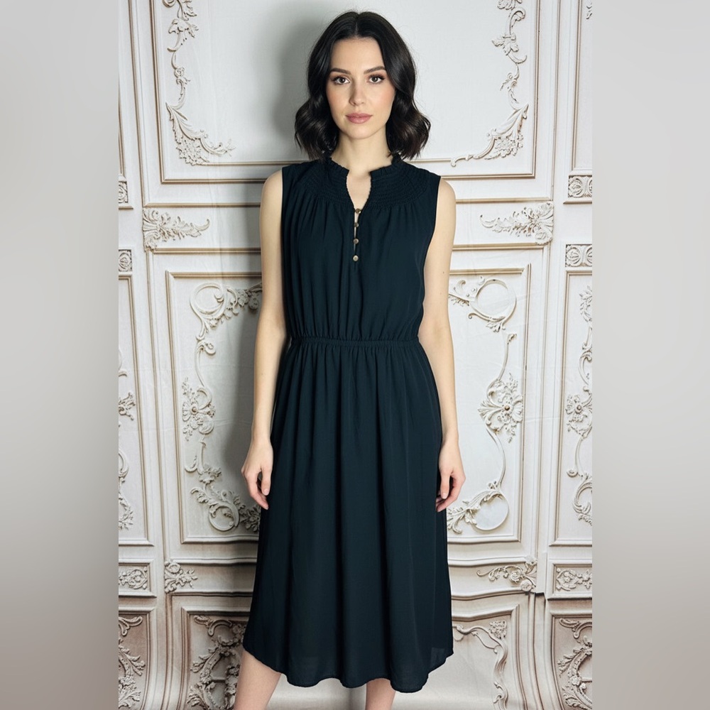 Investments Black Sleeveless Smocked-Neck Midi Dress